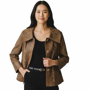 Live A Little Brown Snakeskin Leather Jacket Suede Pocket Trim Cropped | Small